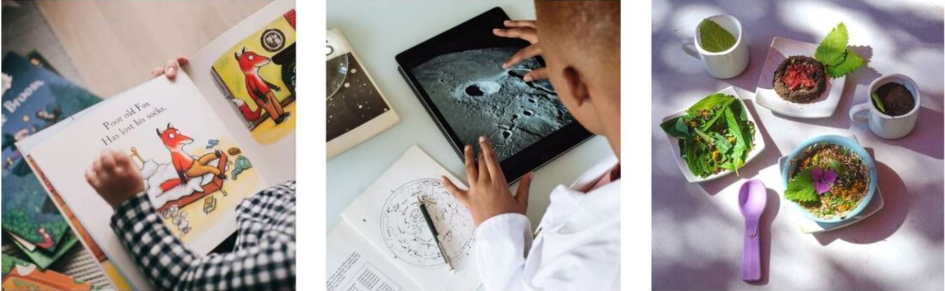Second of 4 spreads displaying the school's Learning Centers at their center for child care, Fort Myers. First image: Child reading a book with a fox. Second image: Child on a tablet looking at the moon. Third image: An array of pretend kitchen toys.